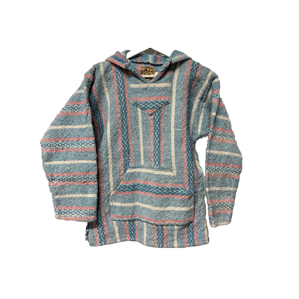 Vintage Drug Rug Baja Joe Hoodie Poncho Small Pink Blue Striped Mexican Boho S